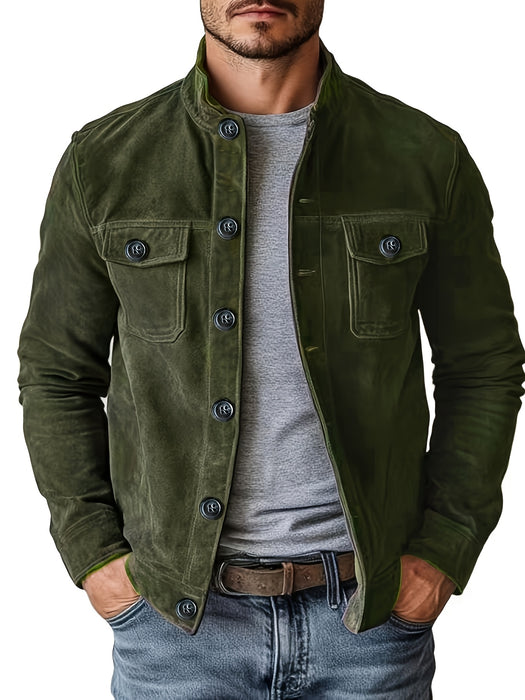 Heren Casual Jas met Knopen en Opstaande Kraag – Vintage Werkjas voor Voorjaar en Najaar