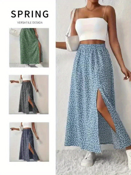 Elegante kesäinen maksihame kukkakuosilla ja ilmavalla halkiolla naisille