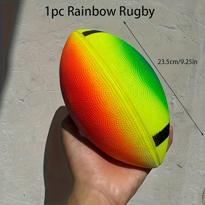 Värikäs sateenkaaren rugby-pallo ulkoleikkeihin ja aktiivisiin peleihin