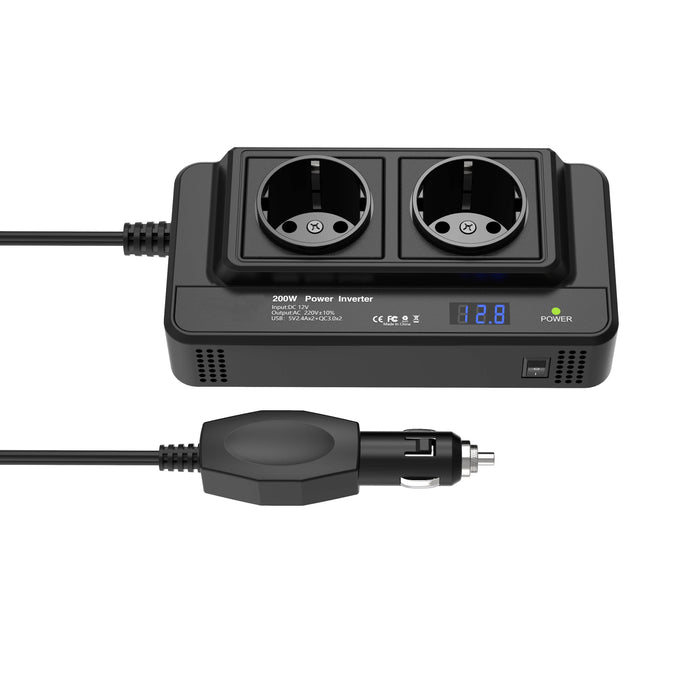 Compact 200W Auto Omvormer – Dual Sockets & Quad USB