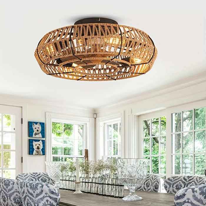 Handgeweven Rotan Plafondventilator – Zen Stijl en Functionaliteit