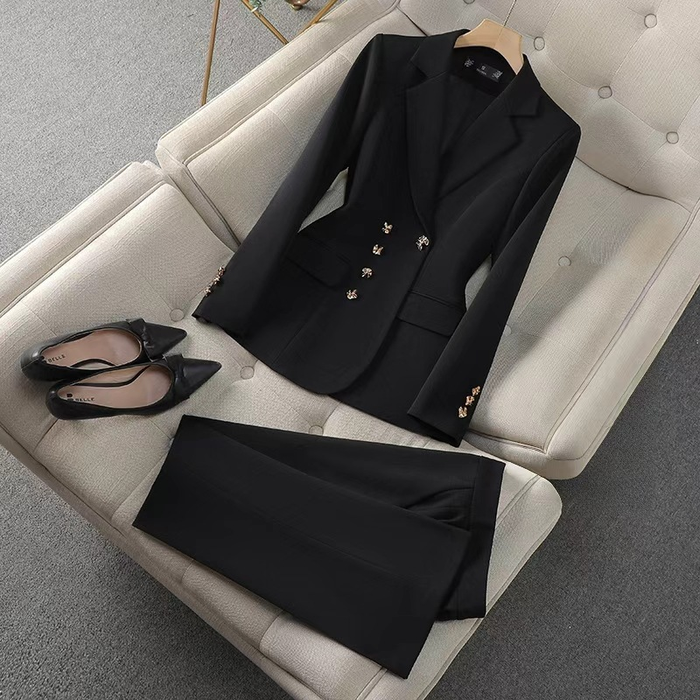 Stijlvol Tweedelig Zakelijk Kostuum voor Dames – Blazer met Revers en Bijpassende Broek