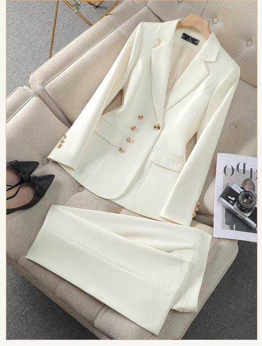 Stijlvol Tweedelig Zakelijk Kostuum voor Dames – Blazer met Revers en Bijpassende Broek