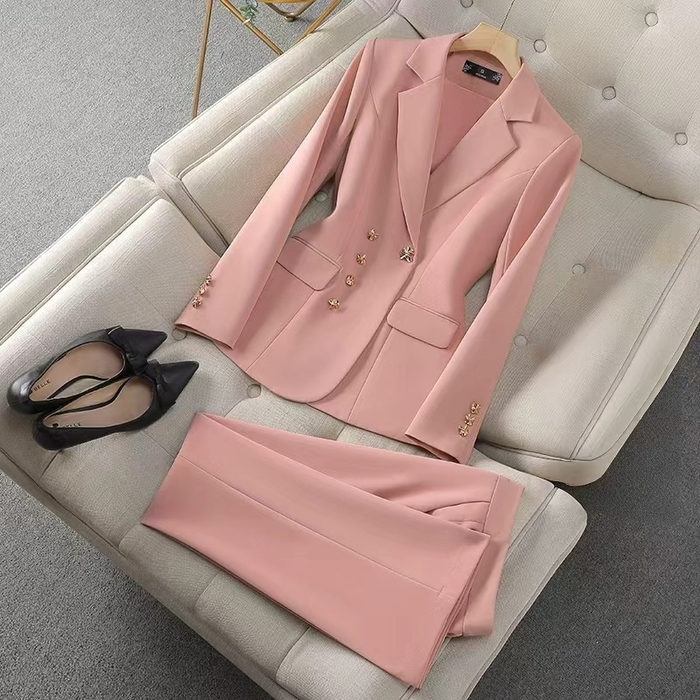 Stijlvol Tweedelig Zakelijk Kostuum voor Dames – Blazer met Revers en Bijpassende Broek