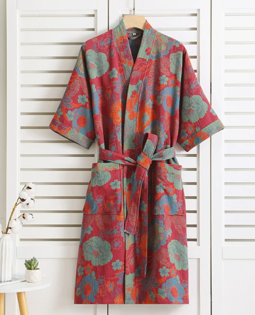 Dames Kimono Badjas – Botanisch Patroon van Organisch Katoen