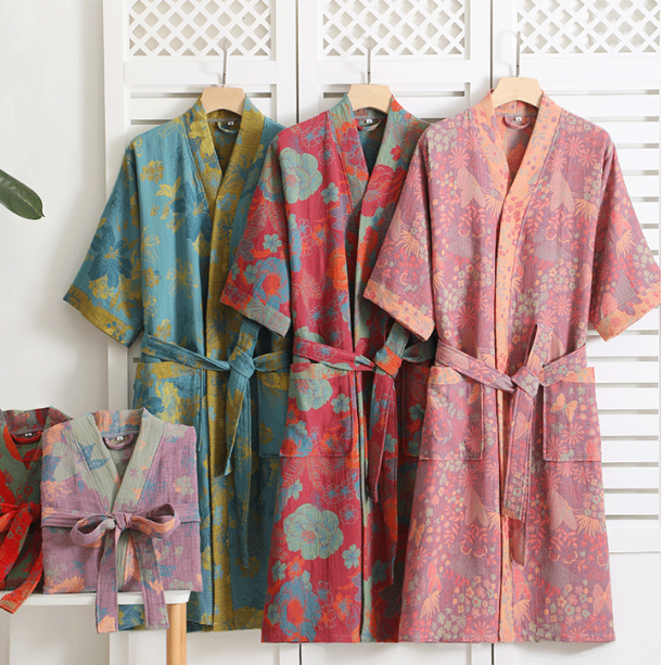 Dames Kimono Badjas – Botanisch Patroon van Organisch Katoen