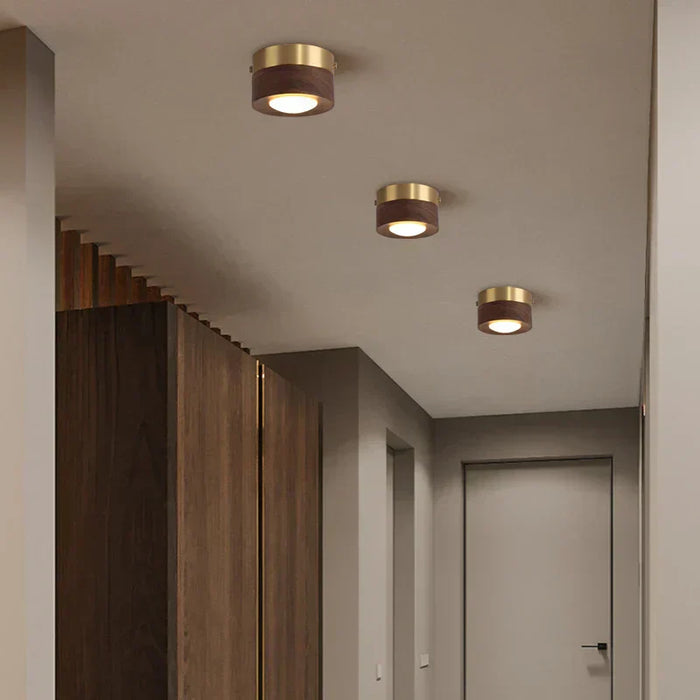 Houten LED-kattovalaisin pähkinäpuun sävyllä ja minimalistisella pyöreällä designilla